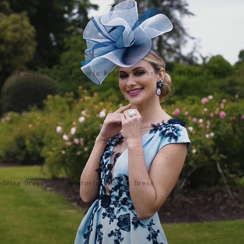 Elegant Blue Mother of the Bride Dresses V Neck Cap Sleeves Wedding Party Gowns Appliques Ankle-Length A-Line 2024 فستان سهرة