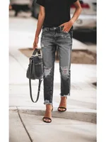 Jean droit déchiré délavé. Four Seasons Nouveaux jeans à la mode, personnalisés, décontractés et confortables de 9 pouces pour dames 2