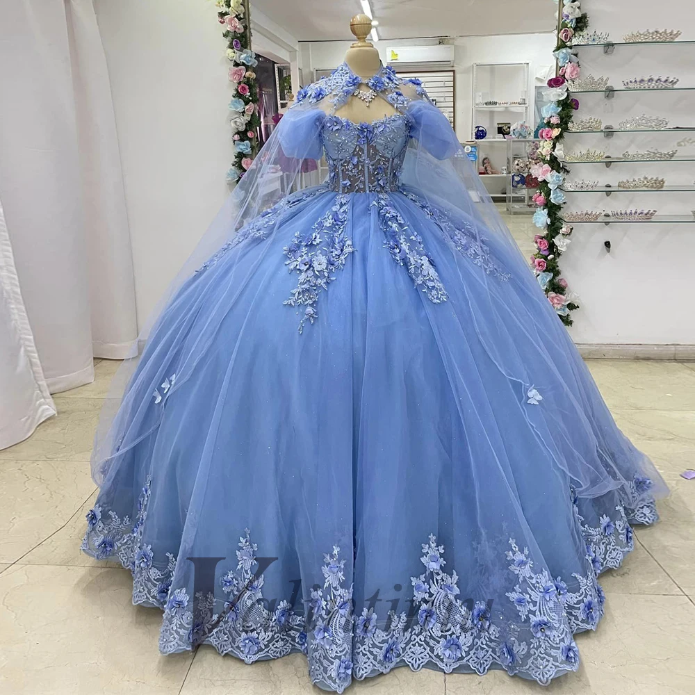 Quinceanera Dresses Ball Gown Cloak Draped Puff Sleeves 3D Appliques Rhinestones 15 Anos