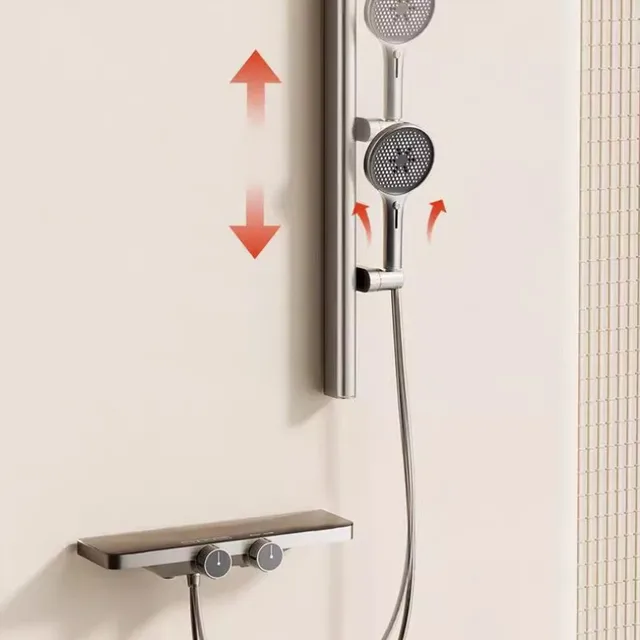 ห้องน้ําก๊อกน้ําชุดทองเหลืองดิจิตอลแสดงสีขาวสีเทาอ่างอาบน้ําก๊อกน้ําสไตล์แผ่นใหญ่ Thermostatic สไตล์ Slid Bar 3