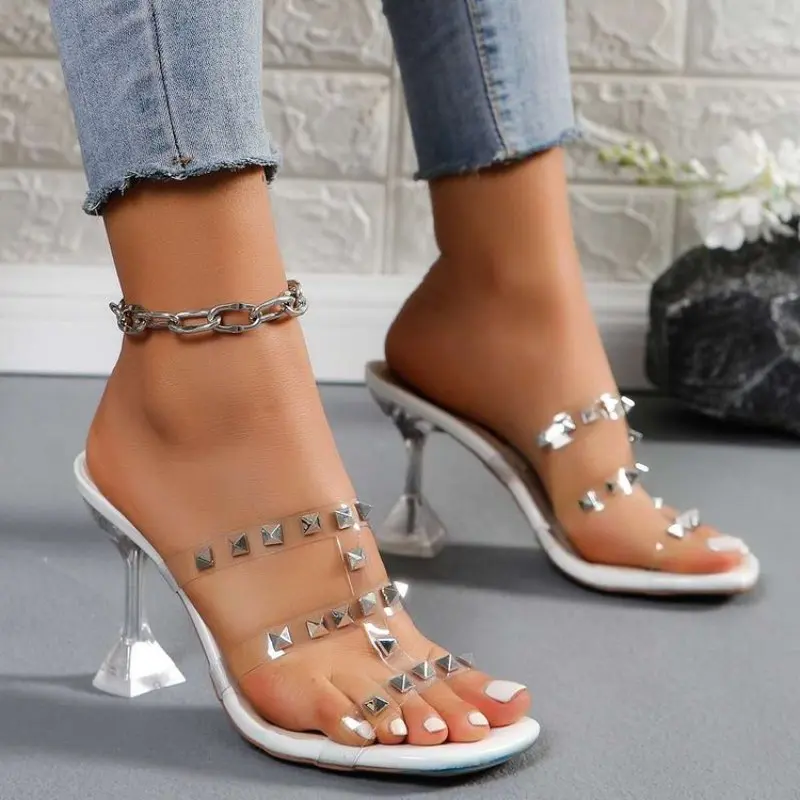 

2024 NEW Narrow Band Shoes Slippers Woman Transparent Thin Heels Square toe Sexy Mules Lady Slides Shoes Fashion comfort Casual