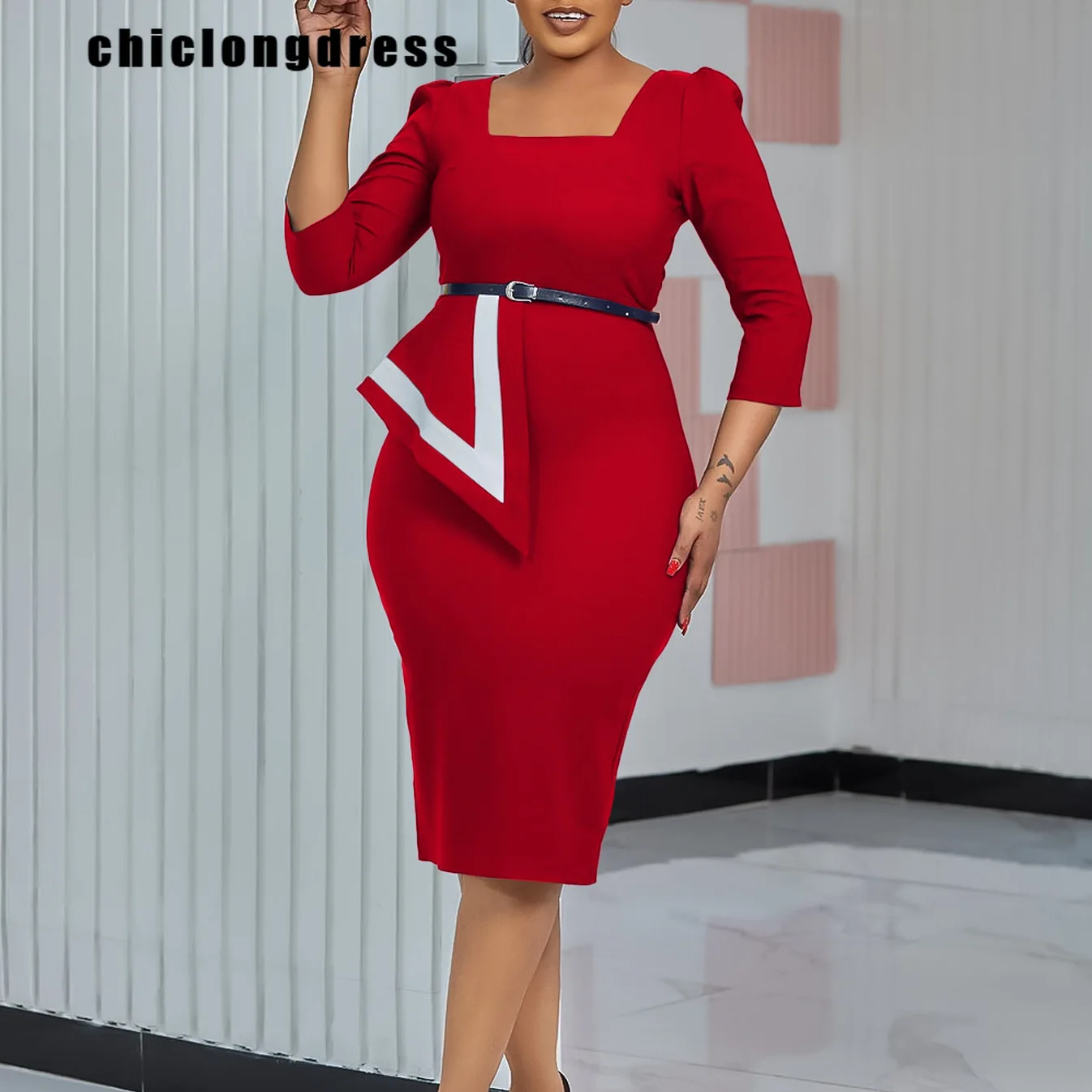 

Spring Fashion Slim Pencil Dress African Women Elegant OL Solid Round Neck Long Sleeve Belt Dress Women