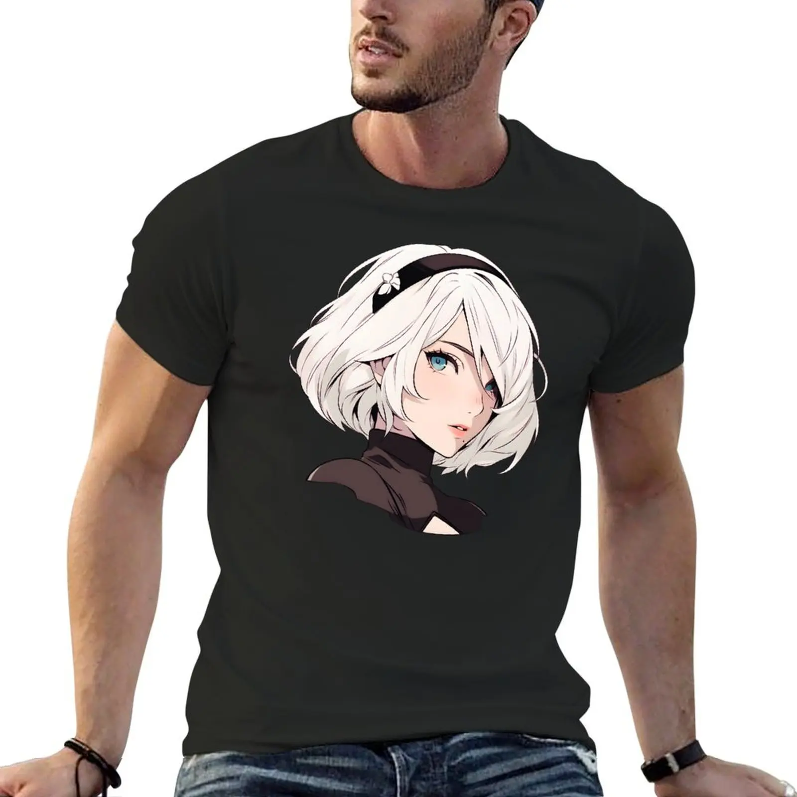 

2B NieR Automata-футболка "Манга" эстетическая одежда с принтом животных для мальчиков, простые черные мужские футболки