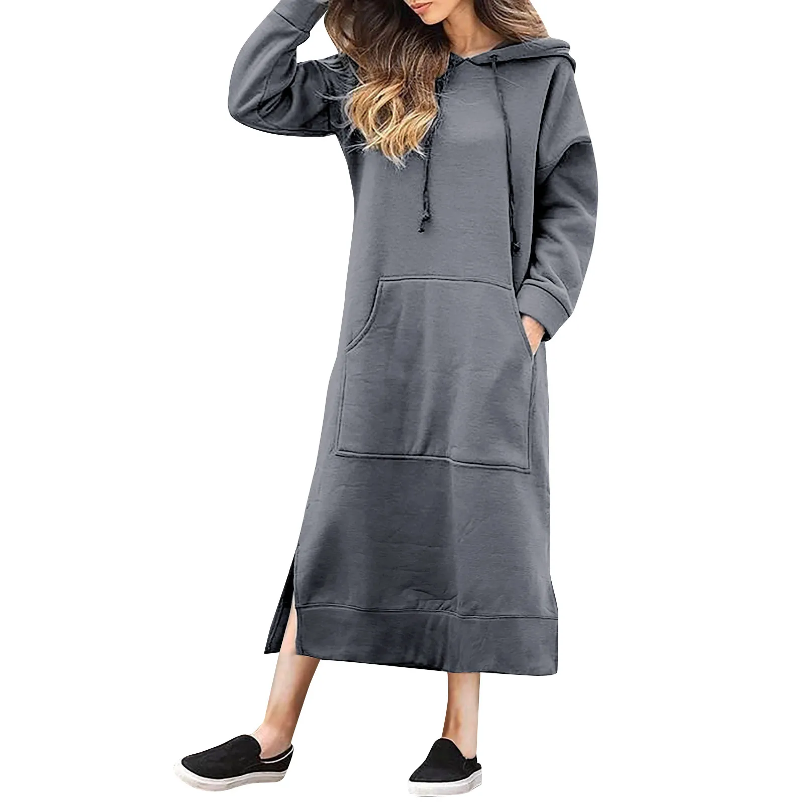 

Женские длинные платья, однотонный Свободный свитшот с капюшоном и воротником-капюшоном, пуловер с длинным рукавом, топ в уличном стиле Y2k на осень и зиму