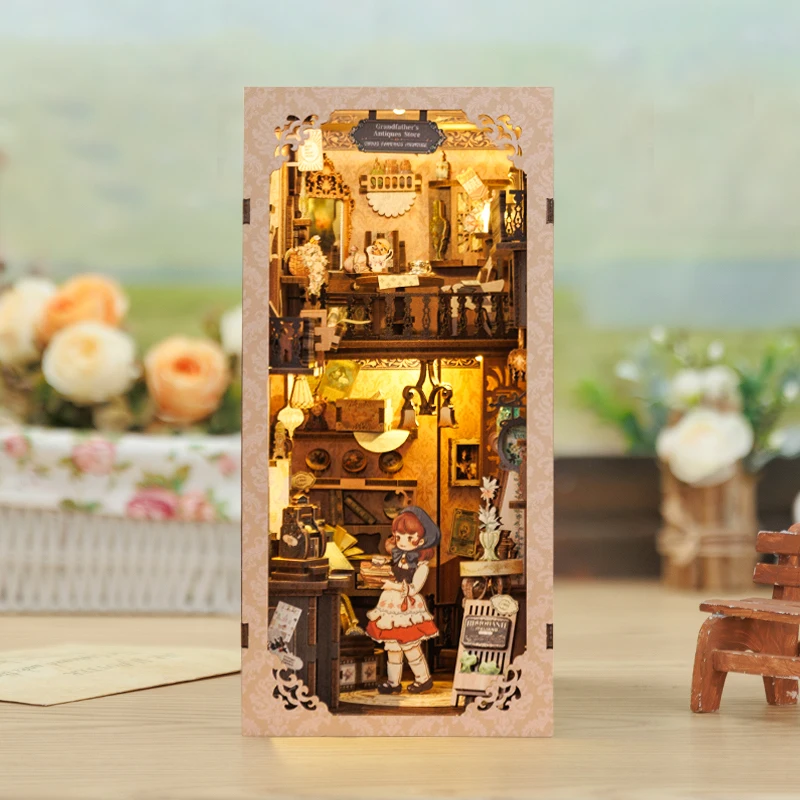 CUTEBEE DIY Book Nook Dollhouse Booknook with Touch Light Dust Cover Bookshelf Insert for Decor Gift Antique Shop of Grandfather 5