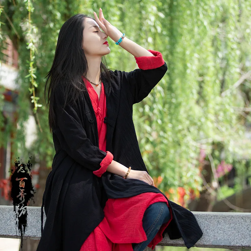 

7colors Chinese Style Cotton Linen Zen Tea Robes Coat Women Casual Long Cardigan Cheongsam Tops Kung Fu Jackets Qipao Clothes