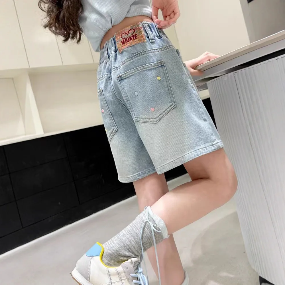 2026 여름 어린이 데님 반바지 120-170cm 소녀용 자수 탄성 허리 캐주얼 무릎 길이 십대 어린이 반바지