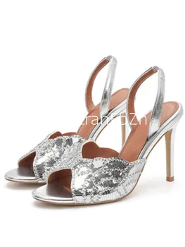 Women's Summer New Sequined Slim High-heeled Sandals, Suitable for Parties and Weddings, Sizes 34-43 Large Fish Mouth Sandals 1