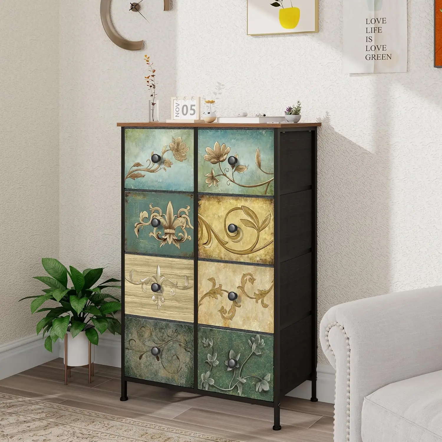Narrow Storage Dresser. Slim with Retro Flowers. Fabric Drawers. 8 Drawers. Bedroom, Bathroom, Entryway.