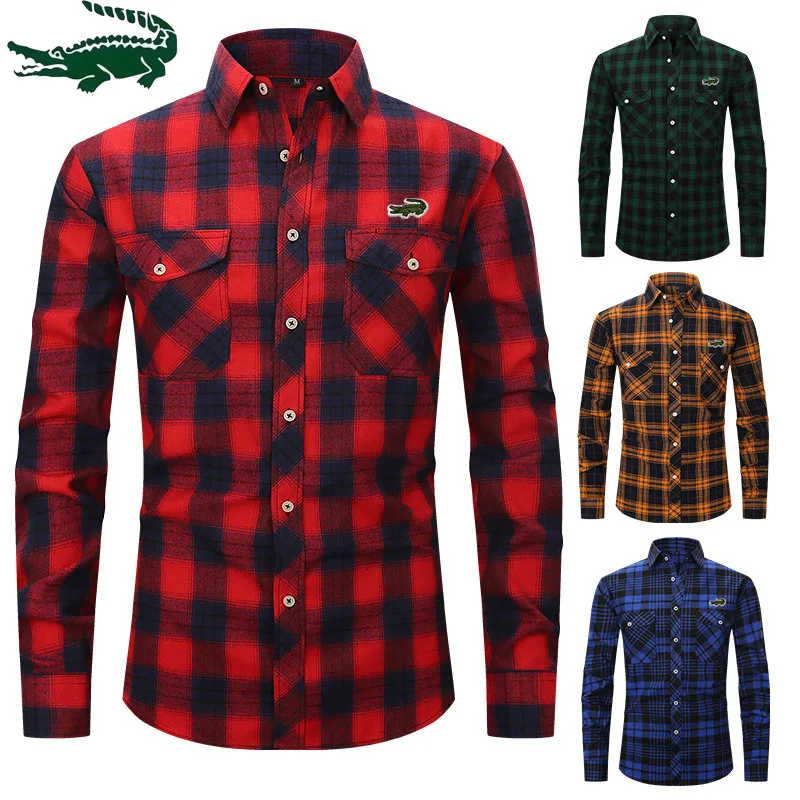 

Мужская хлопковая рубашка в клетку, с отложным воротником и длинным рукавом