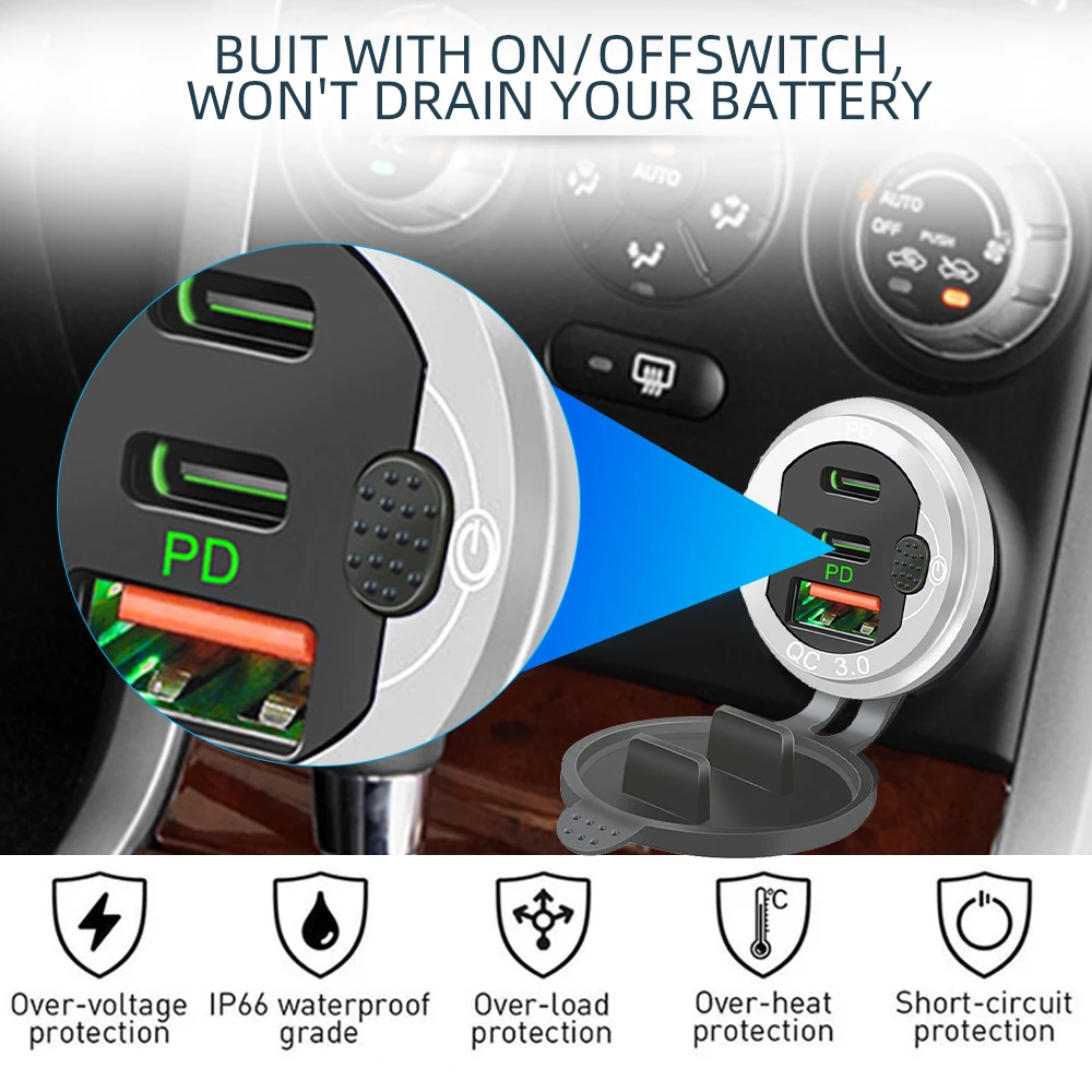 Caricabatterie Auto USB-C Con 3 Porte – Adattatore Accendisigari Con QC3.0 E 2.1A, Ricarica Rapida, LED Blu - 4