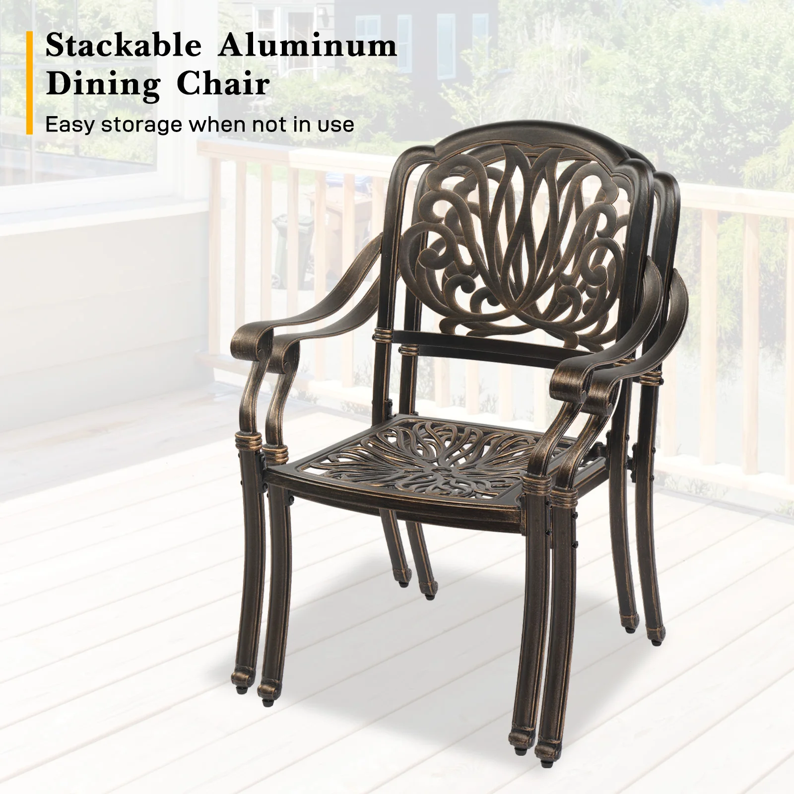 Set of 2 Cast Aluminum Patio Dining Chairs with Cushions, Stackable Outdoor Bistro Chairs for Balcony Backyard Antique Bronze 4