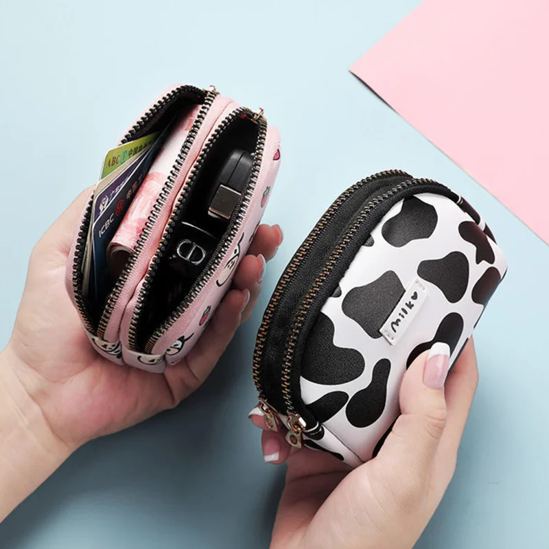 Women's Cute Wallet Cow Print PU Leather Business Card Holder Coin Purse Pouch Zipper Cartoon Wallet