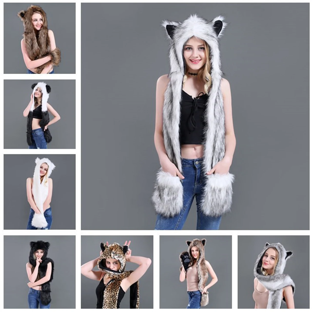 Cosplay White Tiger Winter Faux Fur Hoods Animal Hat Scarf Gloves 3 in1 Fleece Hooded Plush Warm Earmuff Warcraft Cap