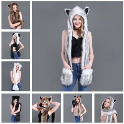 Cosplay White Tiger Winter Novelty Faux Fur Hoods Animal Hat Scarf Gloves 3 in1 Fleece Hooded Plush Warm Earmuff Warcraft Cap