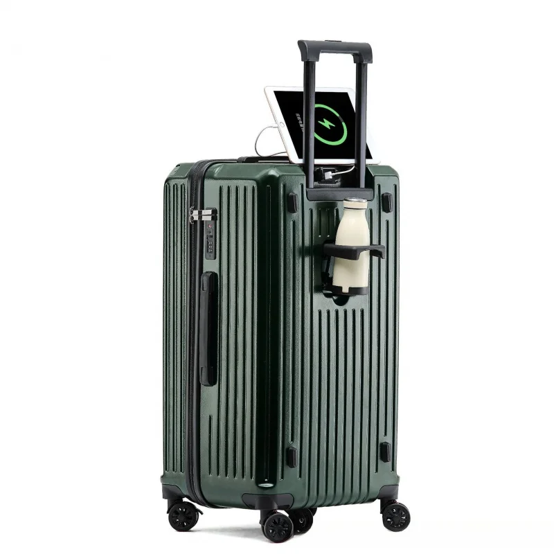 Color Matching Luggage Universal Wheel Trolley Large Capacity Extra Thick Band Cup Holder External USB Charging interface