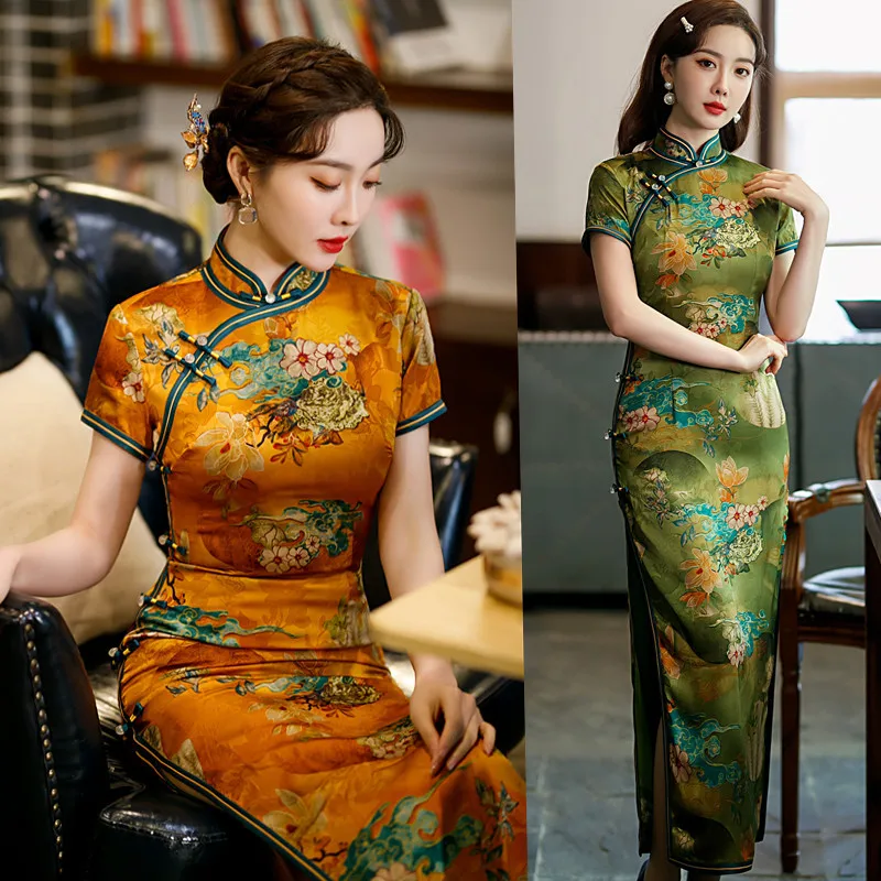 

Oversize Print Flower Satin Lady Qipao Traditional Chinese Long Dress Sexy Slim Split Cheongsam Vintgae Classic Oriental Costume