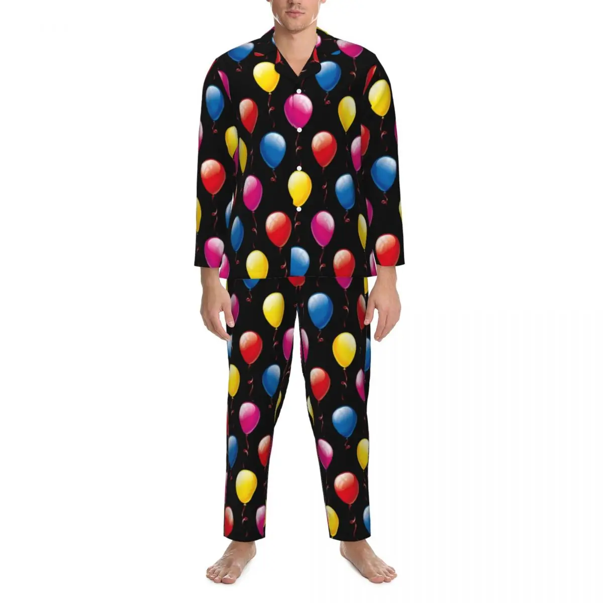 

Balloon Pattern Pajama Sets Birthday Balloons Cute Sleepwear Couple Long-Sleeve Vintage Night Two Piece Nightwear Plus Size