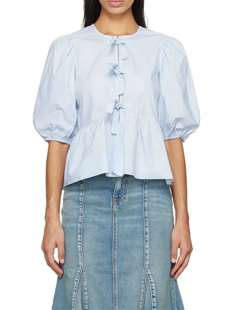 Casual Lace Up O-neck Ruffled Hem 2025 Spring Summer Bow Puff Sleeves Female Office Shirt Blouse main image 1