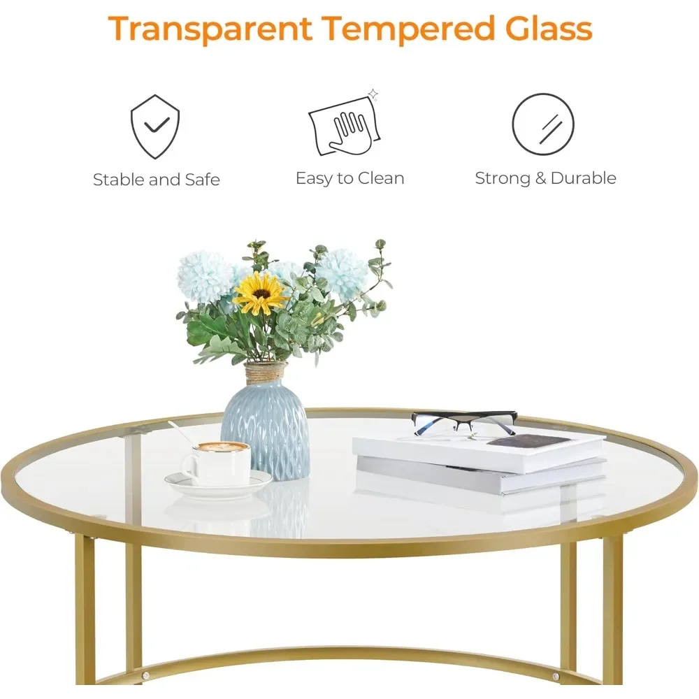 Gold Glass Coffee Table for Living Room, 36" Round Glass Coffee Table with Metal Frame, Circle Coffee Table for Home, Office, A