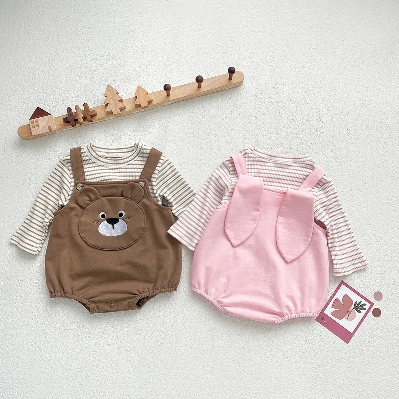 

0-1 year old baby jumpsuit Spring and Autumn Boys' Cotton Stripe T-shirt Backband Pants Romper Girls' Cartoon Little Bear Set