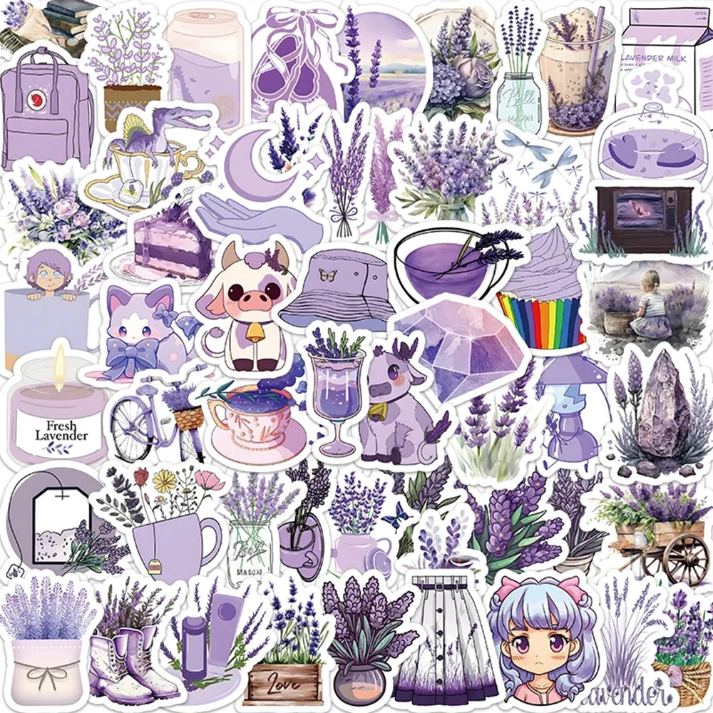 10/30/50/100pcs Lavender Cartoon Aesthetic Stickers for Laptop Stationery Craft Supplies Scrapbook Vintage Decoration Decals Toy