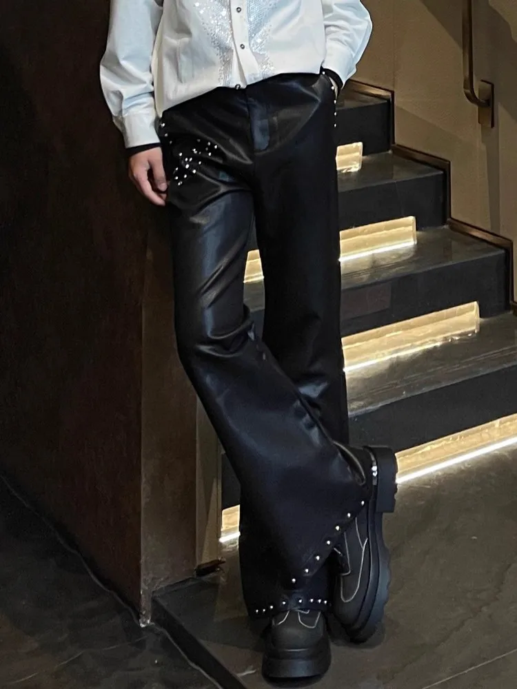 2025 New Fashion Beads Design Mens Black Flare Pants Mid Waist Casual High  Street Korean Style Loose Fit Stylish Long Trousers - AliExpress 200000343