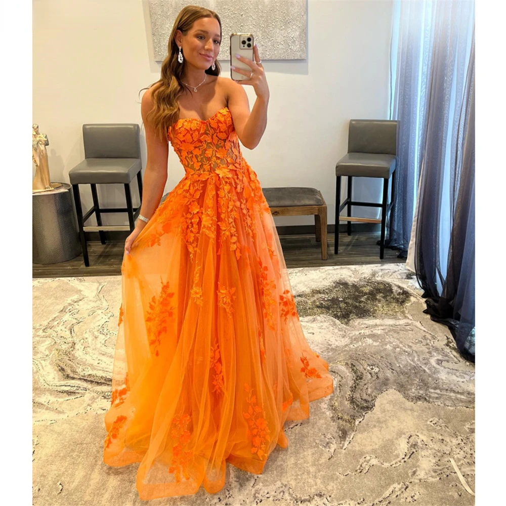 

Orange Lace Appliques robes de soirée Prom Dresses Long Sweetheart A Line Tulle Formal Evening Gowns Women Party Dress