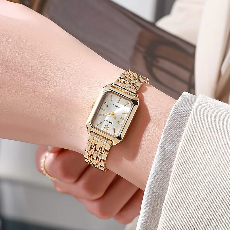 1pc-Women Stainless Steel Band Watch Minimalist Square Quartz Wristwatch