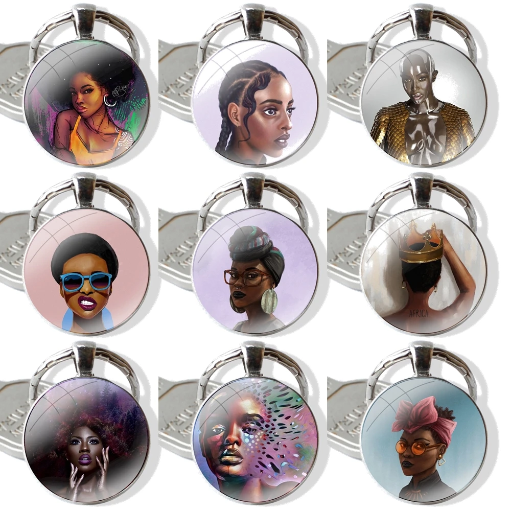 

Мультяшный креативный дизайн, модный стеклянный кабошон, брелок, подвеска для автомобиля, брелки ручной работы, африканские девушки, искусство