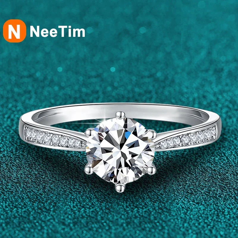 NeeTim Moissanite Anel de casamento feminino 925 prata esterlina, diamante de laboratório brilhante redondo, anel de noivado presente, real 3 quilate