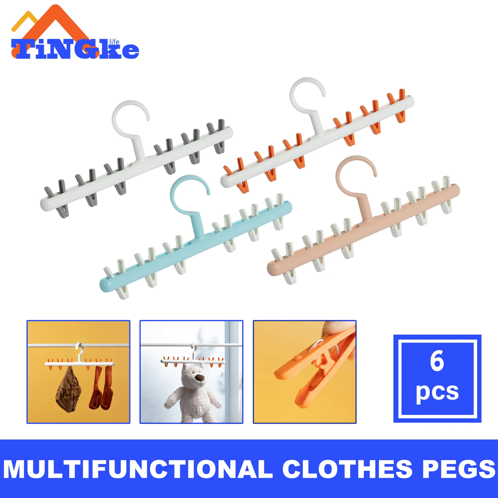 6ClipsClothesPegsDryingHangerWindproofClothingRackClothespins