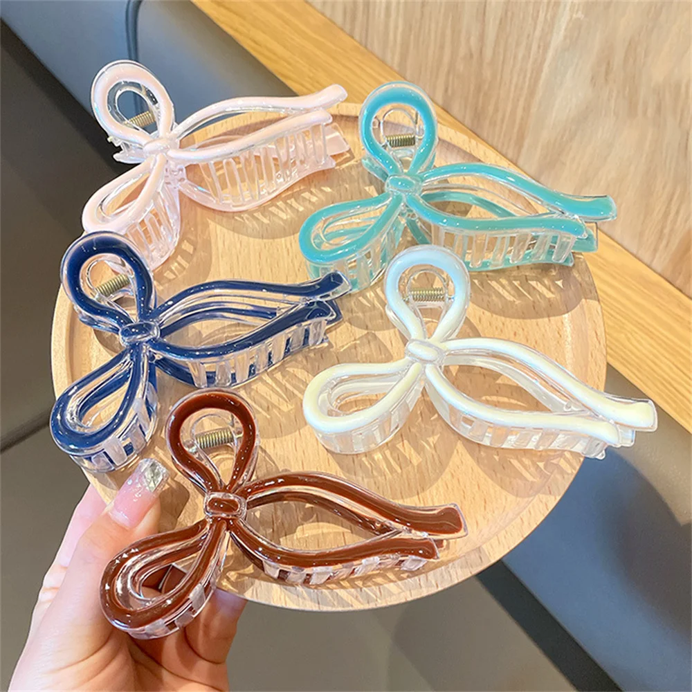 Korean Version Simple Sense Three-Dimensional Line Ribbon Bow Large Hair Claw Jelly Texture Acrylic Shark Clip For Woman Girls 1pcs d12 l20 rigid top line coupling aluminum alloy hole 3 4 5 6 6 36 7 8mm d18 l25cnc claw shaft motor coupling red 3d printer