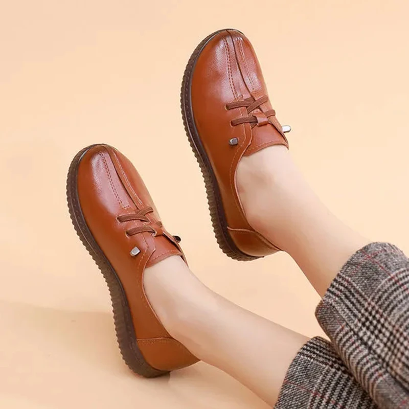 Mother Classic Leather Oxfords Shoes Ladies Laced Up Flats Women's Loafers Office Shoes Women Casual Slip On Driving Moccasins