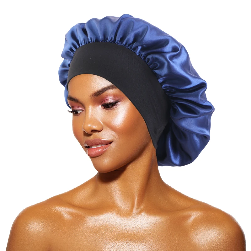 thumbnail image 1 of Gorros lisos de satén para mujer, gorro de baño para dormir de noche de ala ancha, gorro de banda elástica para la cabeza Unisex, gorro para el cuidado del cabello, 1 of 4
