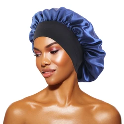 Women's Satin Wide - Brim Sleep and Shower Cap with Elastic Band - One Size (Navy Blue)