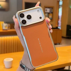Magnetic Blade Plain PU Leather Case with Silver Bezel Lens Bumper Cover for iPhone 17 Pro (Brown)