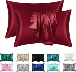 2 - Pack Super Soft Coral Satin Silk Pillowcases for Hair and Skin Care, Standard Size (Red)