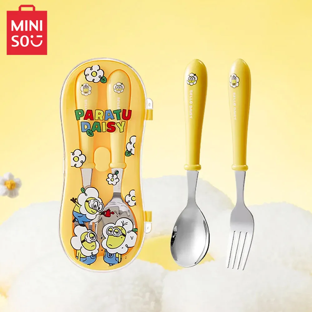 

Набор столовых приборов MINISO серии Миньоны, милая переносная посуда из нержавеющей стали с ложкой, вилкой и мультяшным аниме рисунком для детей