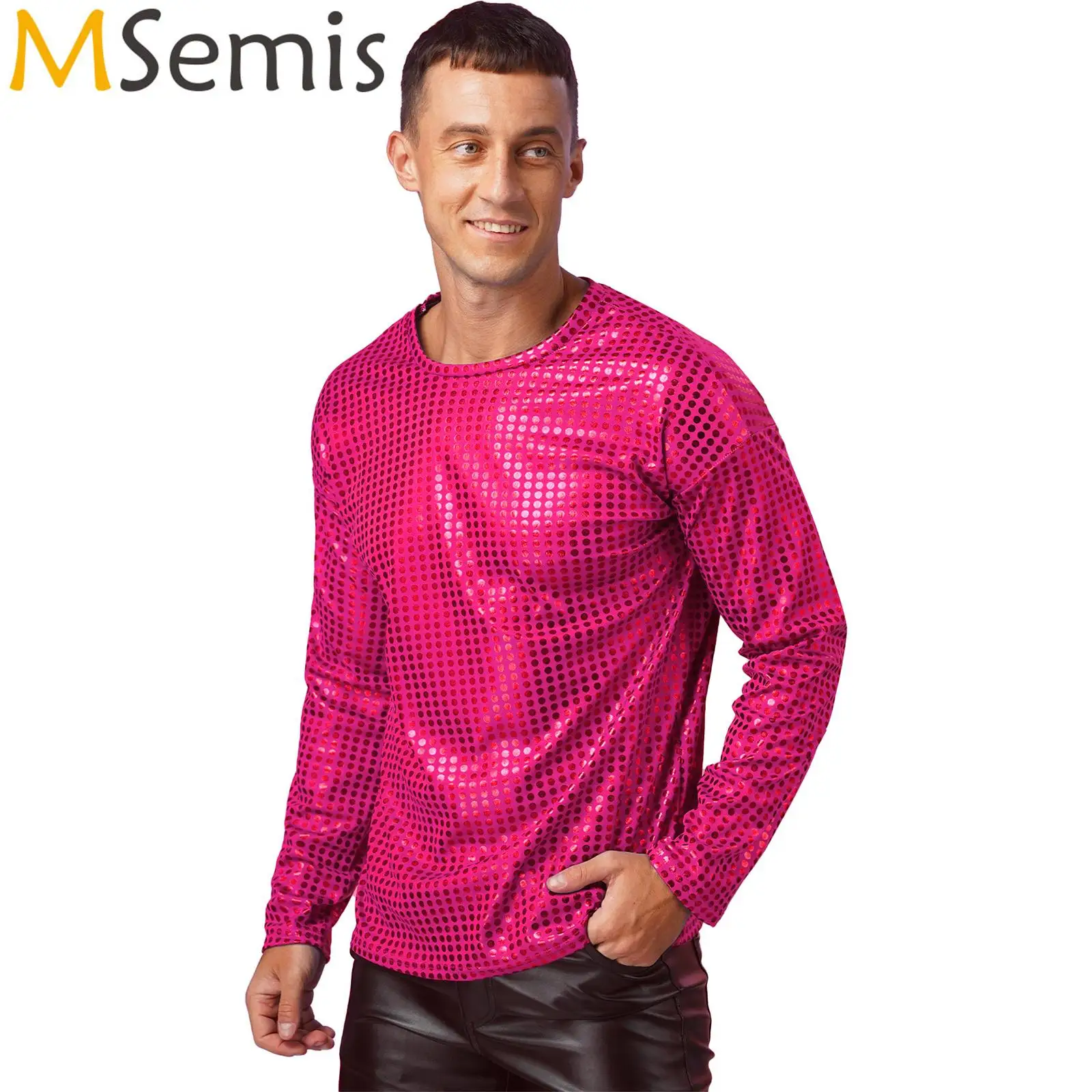 

Mens Shiny Sequins T-Shirt Long Sleeve Round Neckline Tees Top Male Clothing Stage Performance Party Clubwear Costumes