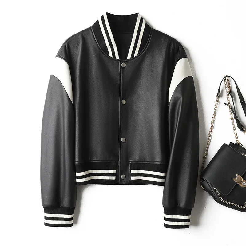 Leather 2023 Spring New Sheepskin Shoulder Drop Black and White  Motorcycle Jacket Baseball Coat