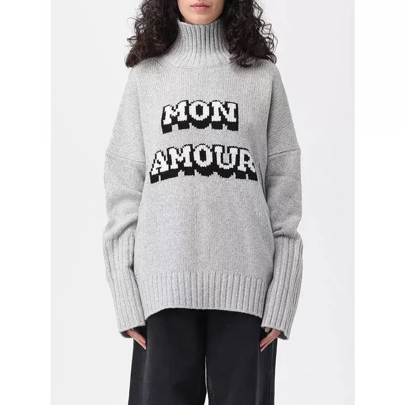 

2023 Autumn and Winter New Turtleneck Pink and Grey Cashmere Sweater