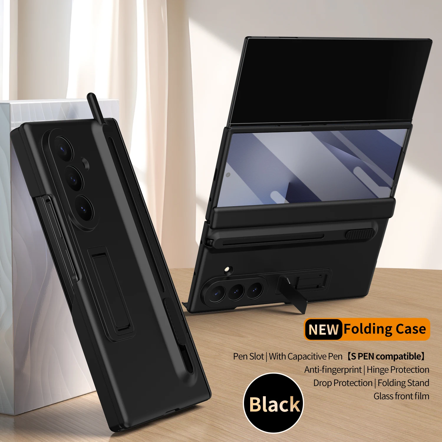 Matte Plastic Shockproof Case with Glass Protector, Stylus Pen Slot, and Kickstand Holder