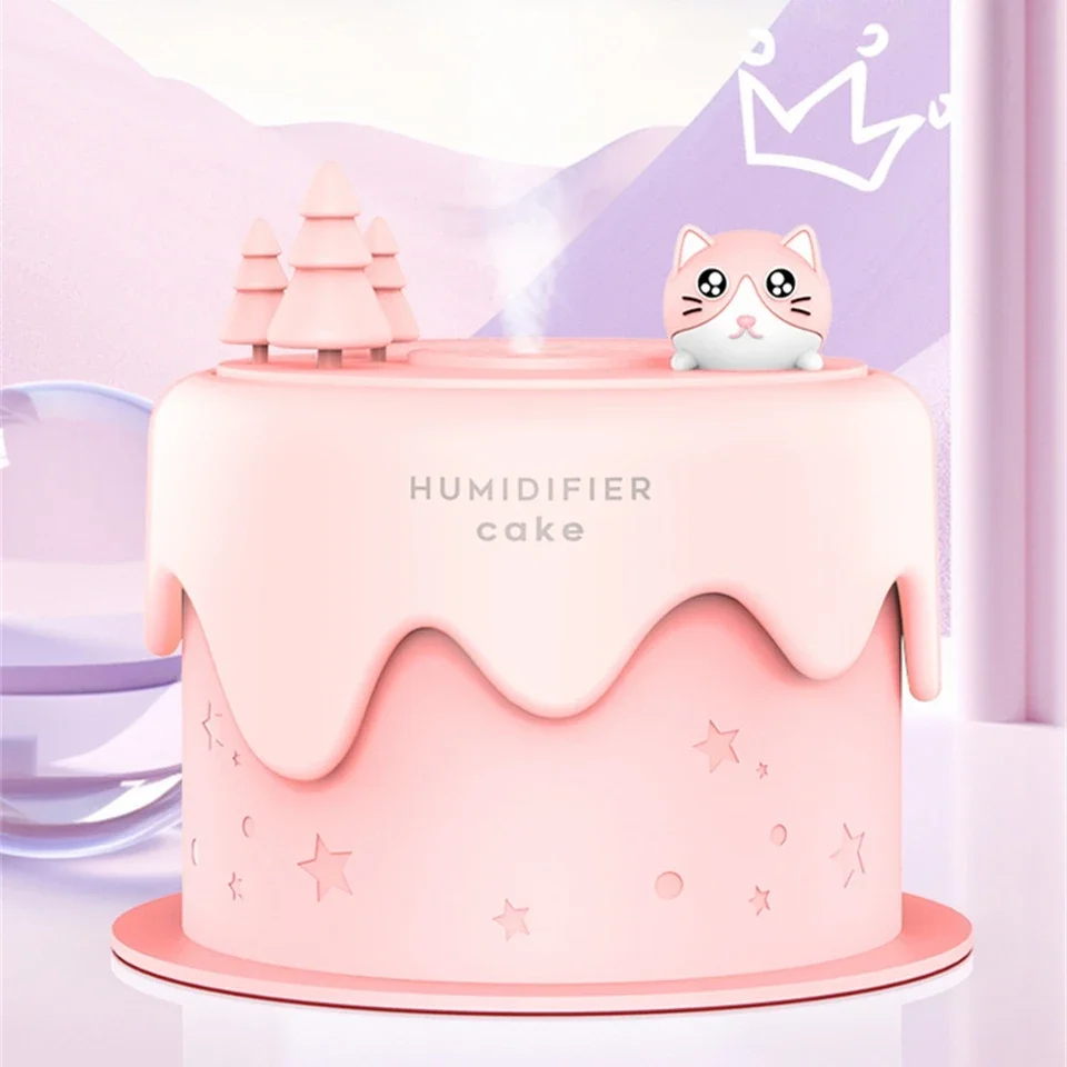 Cute Cat Cake Mini Air Humidifier with LED Lamp 300ml USB Ultrasonic Cool Mist Maker Fogger Mute Umidificador for Bedroom Office