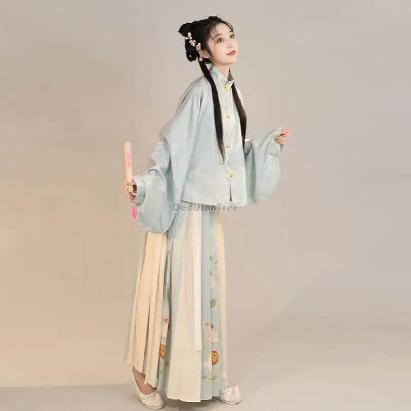 

2023 chinese ancient style improved ming dynasty hanfu women standing collar long sleeve short top pleated printed skirt s672