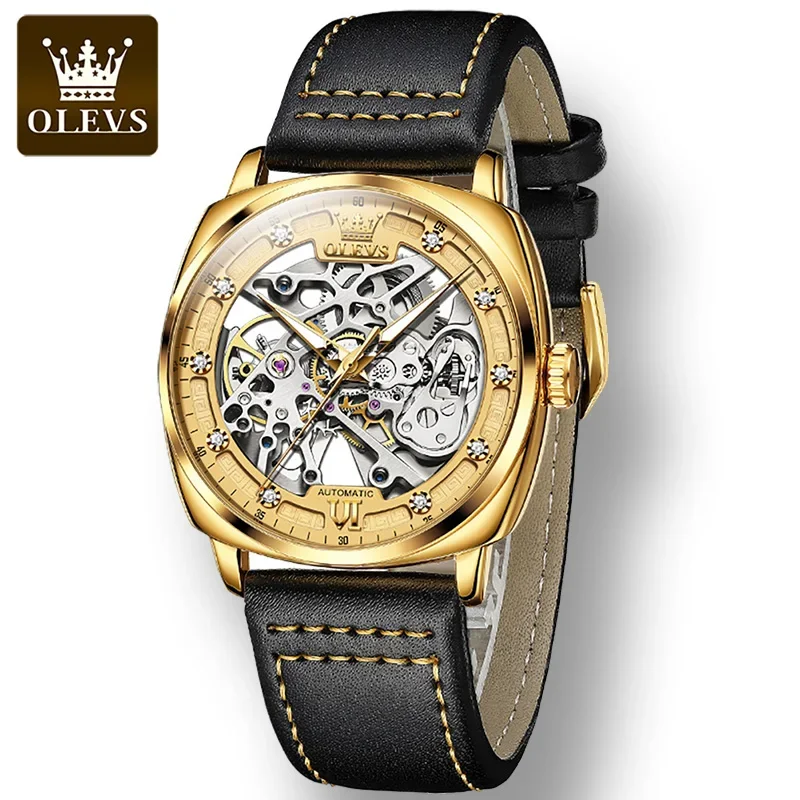 

OLEVS 6651 Automatic Mechanical Waterproof Watch For Men, Genuine Leather Strap Hollow-carved Fashion Men Wristwatch Luminous