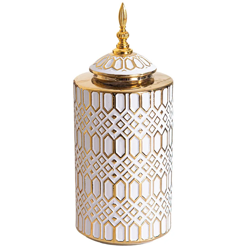 Ceramic Checkmate Jar Porcelain Jar of Ginger Flower Vase Gold Geometric Storage Tank Flower Arranging Craft Home Decoration 6