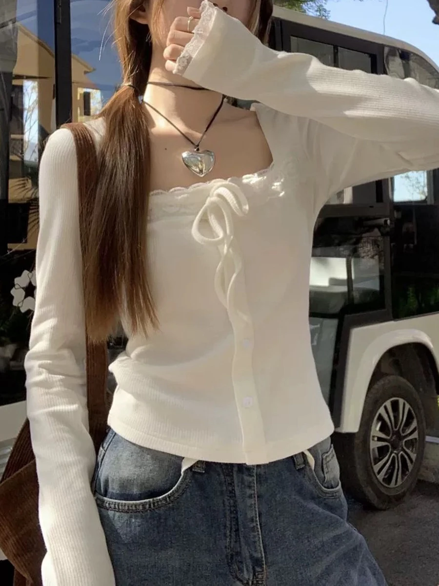 

Белая кружевная Лоскутная футболка в рубчик с бантом и длинным рукавом, новые весенние Сексуальные облегающие топы с квадратным вырезом, винтажные милые футболки Y2K