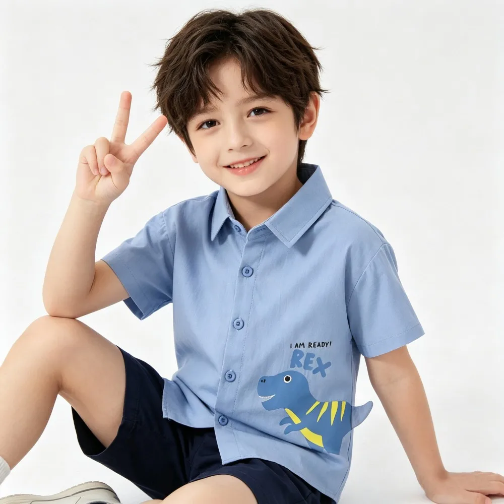 흰색 파란색 칼라 셔츠 여름 상의 아동복 반팔 남아 블라우스 면 소재 2 3 4 5 6 7세용