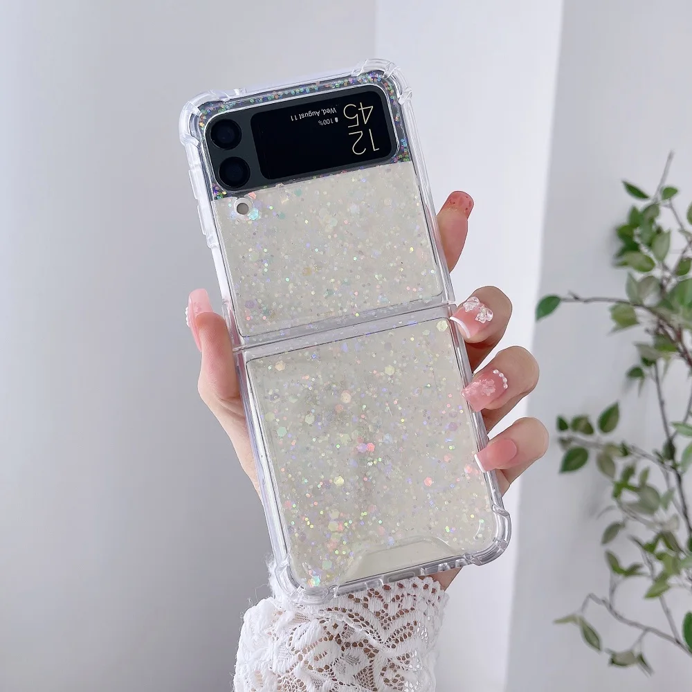 For Samsung Z Flip 3 Case Fantasy Sequin Transparent Folding Phone Case For Samsung Z Flip 4 Z Flip3 Shockproof Hard Back cover samsung flip3 case